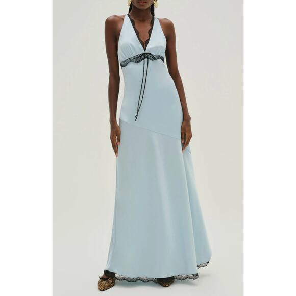 FOR LOVE & LEMONS Mariella Lace Trim Satin Maxi Dress in Blue Size XL - Picture 1 of 11
